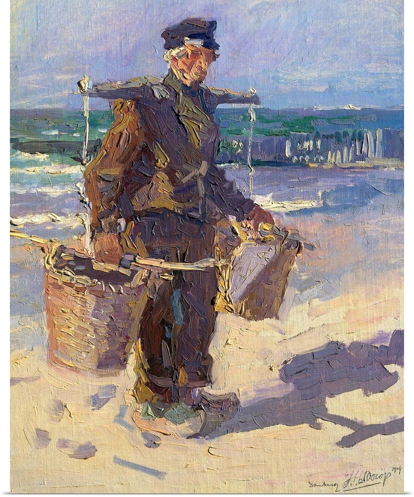 The Shells Fisherman, by Jan Toorop, 1904, Dutch painting, oil on canvas. A fisherman from Domburg , carrying his catch wi...