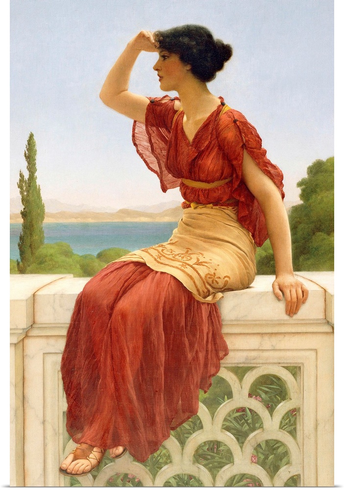 The Signal, by John William Godward, 1899, English painting, oil on canvas. The seascape in the background, and the woman'...