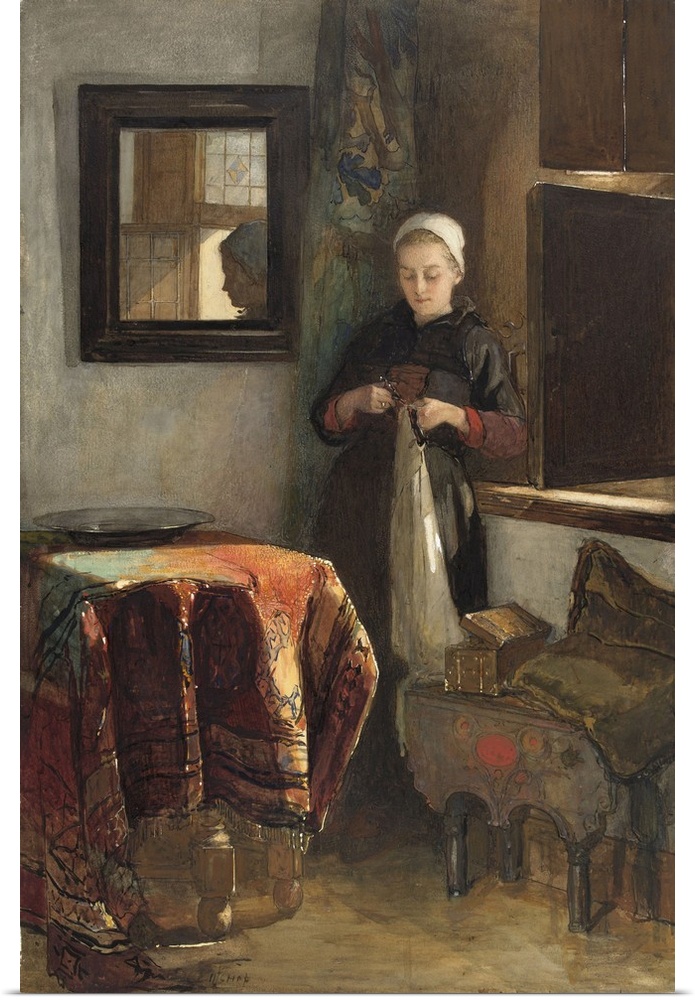 The Sunny Nook, by Christoffel Bisschop, c. 1855-1899. Dutch watercolor painting. Young women stands in a corner of a sunl...