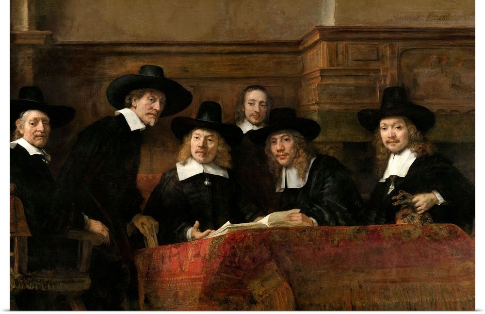The Syndics, by Rembrandt van Rijn, 1662, Dutch painting, oil on canvas. The painting, original title was, 'The Sampling O...