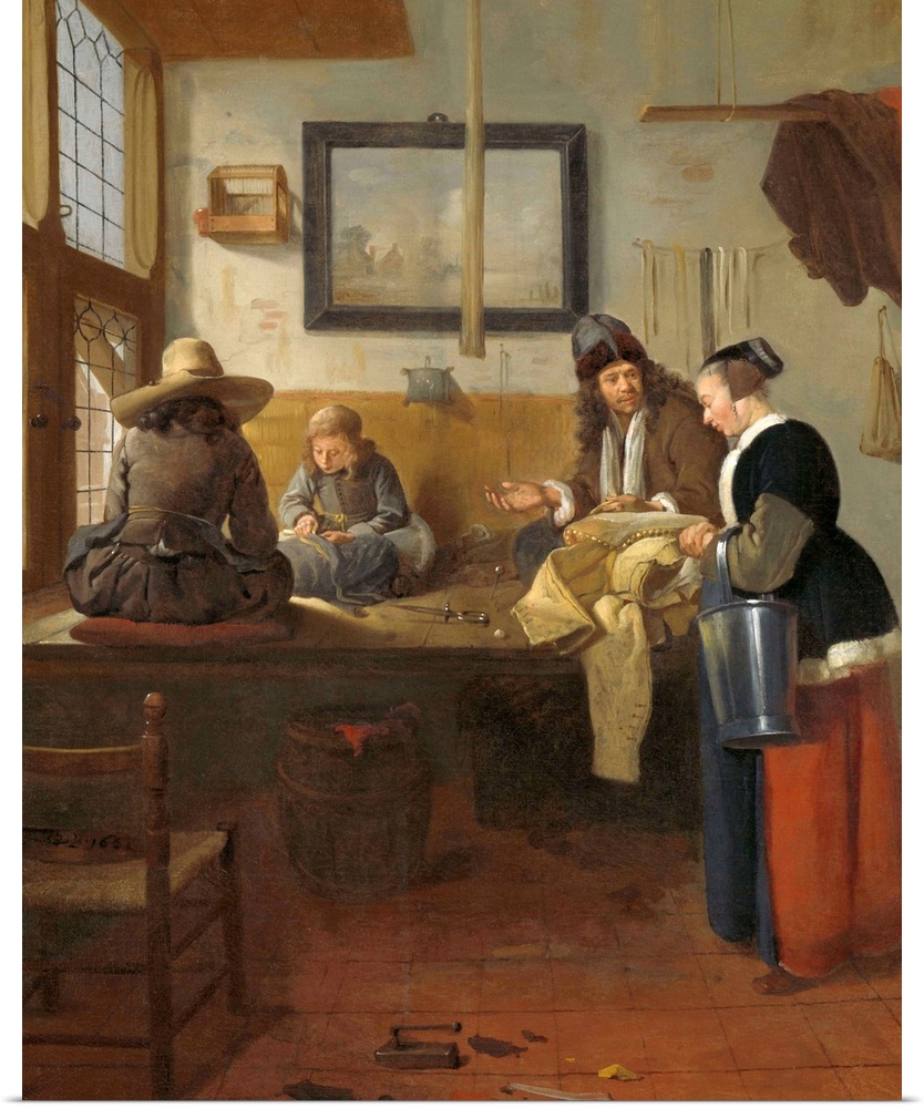 The Tailor's Workshop, by Quiringh van Brekelenkam, 1661, Dutch painting, oil on panel. Shop of a tailor, who is at work w...
