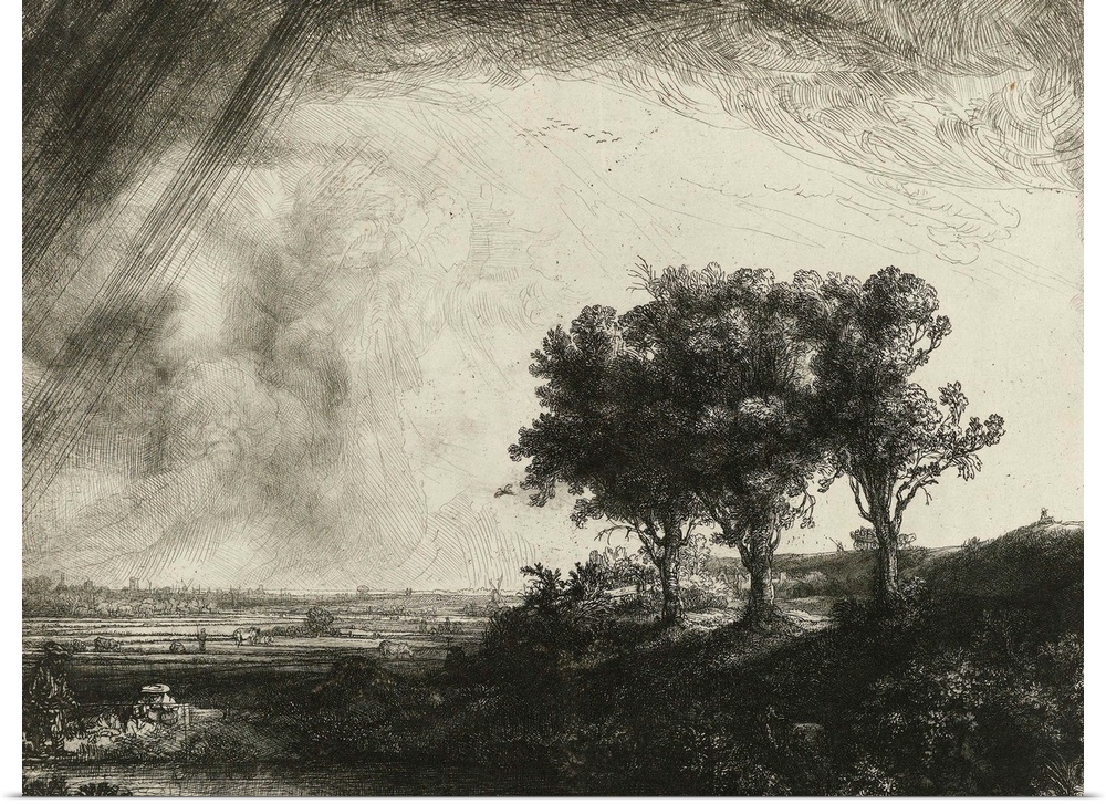 The Three Trees, by Rembrandt van Rijn, 1643, Dutch print, etching with drypoint and engraving on paper. He included figur...