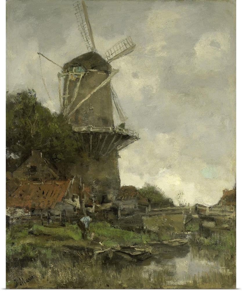 The Windmill, by Jacob Maris, c. 1880-86, Dutch painting, oil on canvas. Windmill behind some houses and trees in a canal....