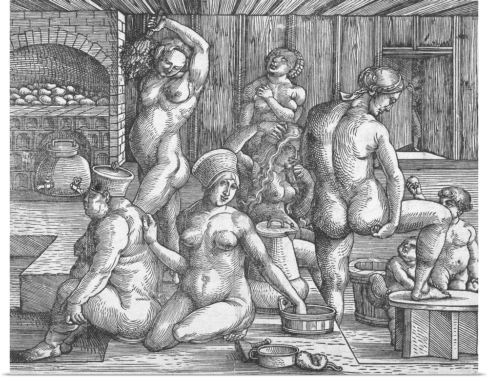 The Women's Bath, by Albrecht Durer, 1496-1501, German wood engraving. Six women and two small children in a bath and sauna.