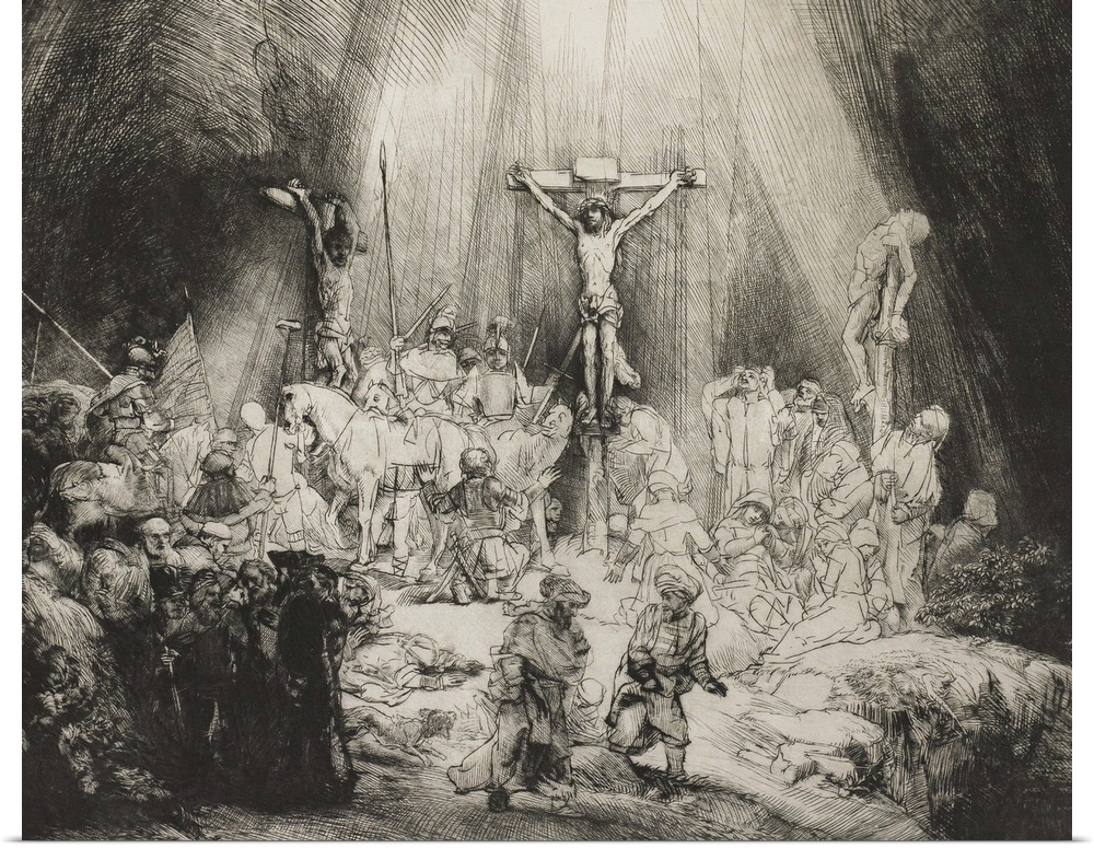 Three Crosses, by Rembrandt van Rijn, 1633, Dutch print, engraving, drypoint. This is an early state of a copperplate dryp...