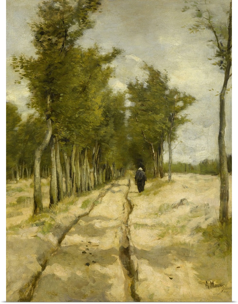 Torenlaan Laren, by Anton Mauve, by 1886, Dutch painting, oil on canvas. A woman walks on a tree-lined, wheel rutted dirt ...
