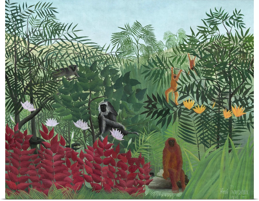 Tropical Forest with Monkeys, by Henri Rousseau, 1910, French painting, oil on canvas. Rousseau exaggerated the size of co...