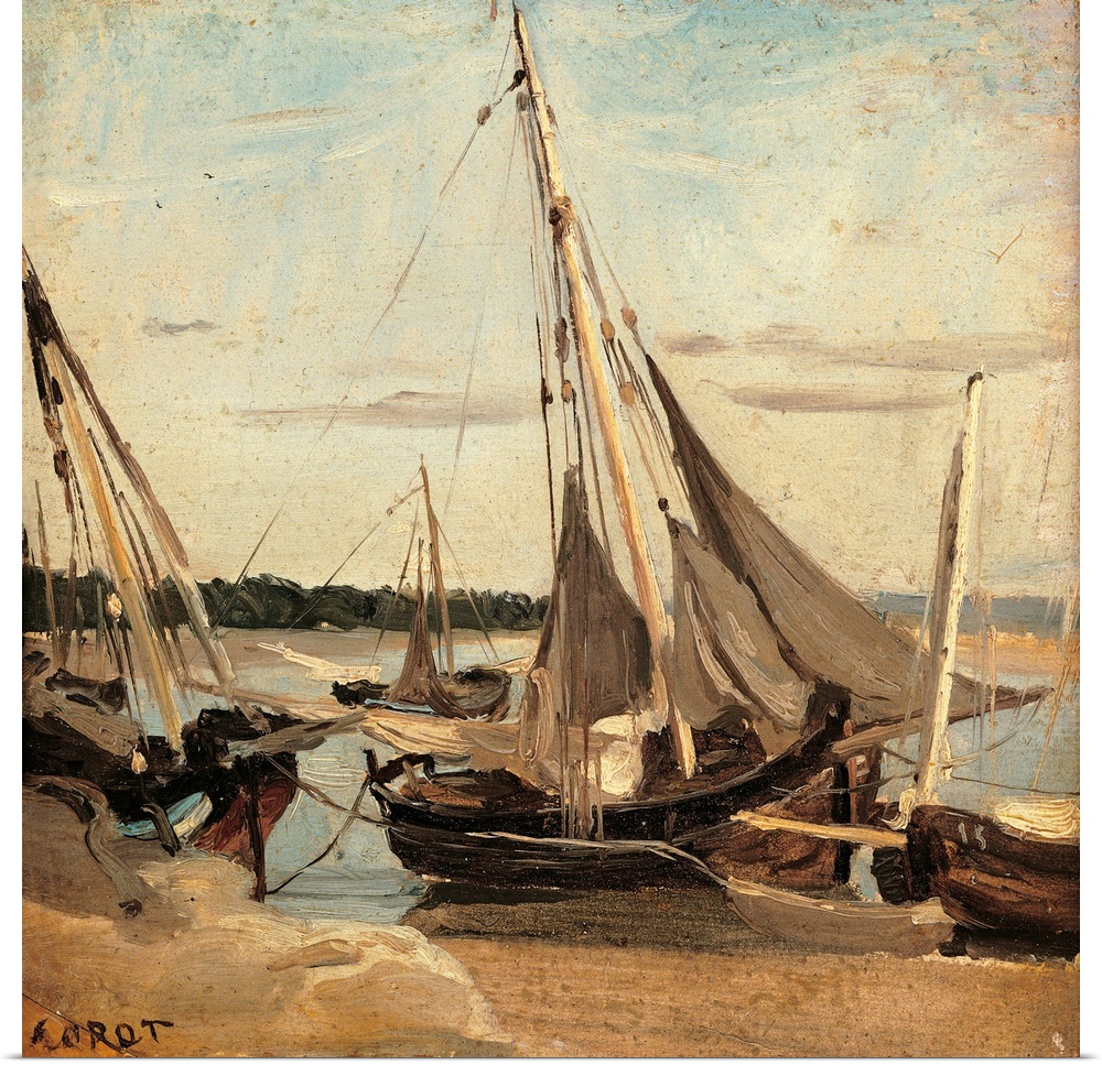 Trouville, Fishing Boats Stranded in the Channel, by Jean-Baptiste-Camille Corot, 1830 about, 19th Century, oil on canvas,...