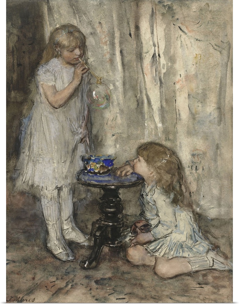 Two Girls Blowing Bubbles, by Jacob Maris, c. 1880, Dutch watercolor painting. Two of the artist's daughters, probably Tin...