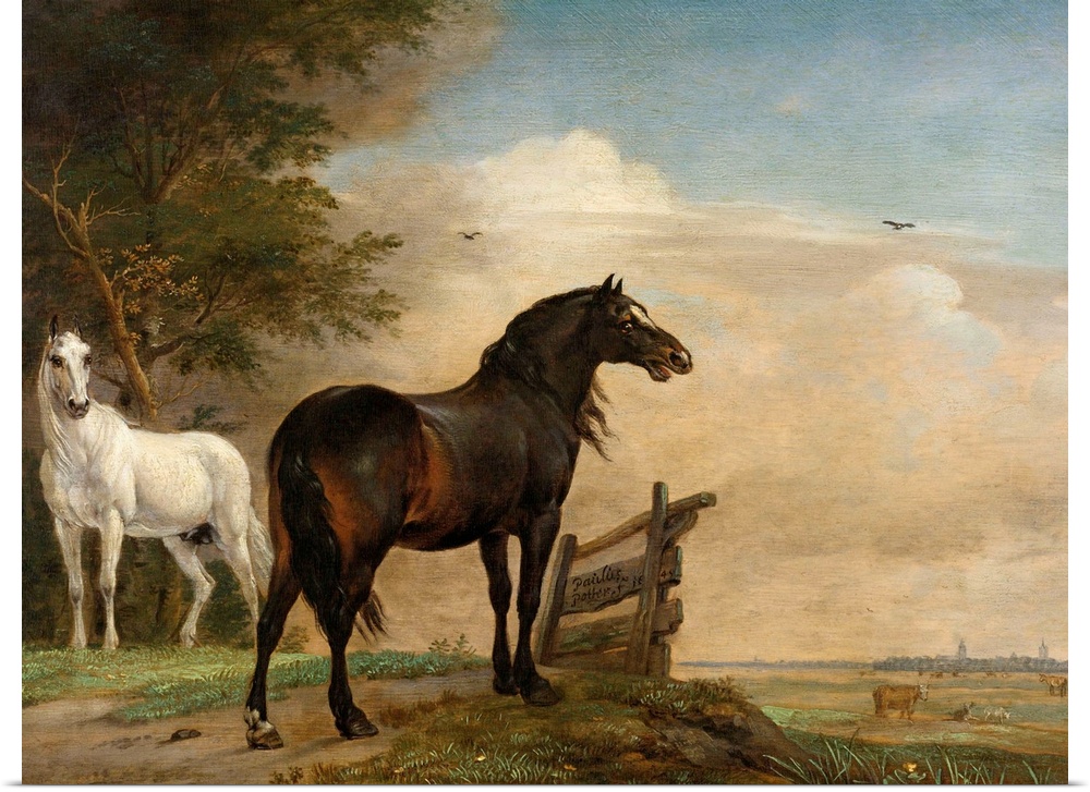 Two Horses in a Meadow Near a Gate, by Paulus Potter, 1649, Dutch painting, oil on panel. The horses are on a low hill bef...