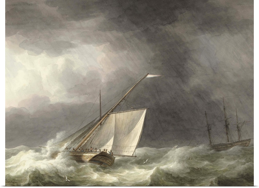 Two Sailing Ships in Rough Seas, by Martinus Schouman, 1803, Dutch watercolor painting.