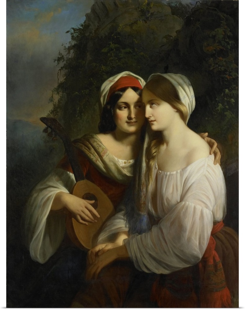 Two Young Women in Italian Costume, by Moritz Calisch, 1851, Dutch painting, oil on canvas. The woman holding the lute put...