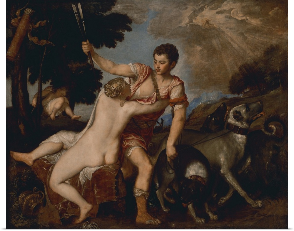 Venus and Adonis, by Titian, c. 1555, Italian Renaissance painting, oil on canvas. The goddess Venus tries to restrain her...