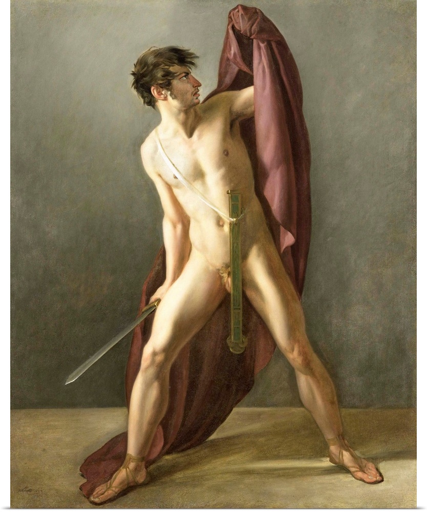 Warrior with Drawn Sword, Joannes Echarius Carolus Alberti, 1808, Dutch painting, oil on canvas. Nude warrior with sword d...