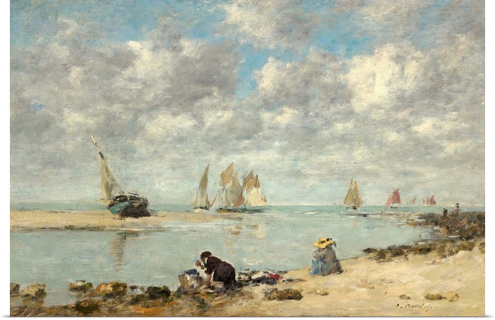 Washerwoman near Trouville, by Eugene Boudin, 1872-76, French impressionist painting, oil on canvas. A laundress works alo...