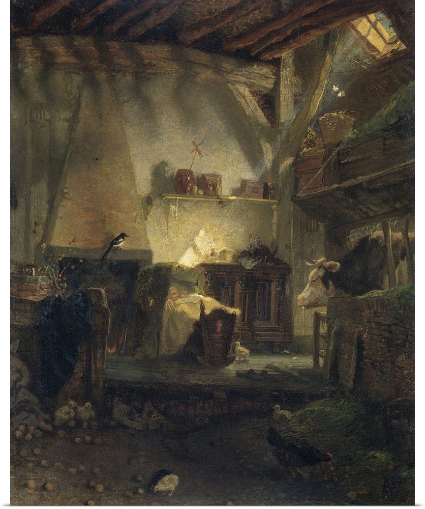 Well-Guarded Infant, by August Allebe, 1867. Dutch painting, oil on canvas. Interior of a rustic farmhouse with a sunlit b...