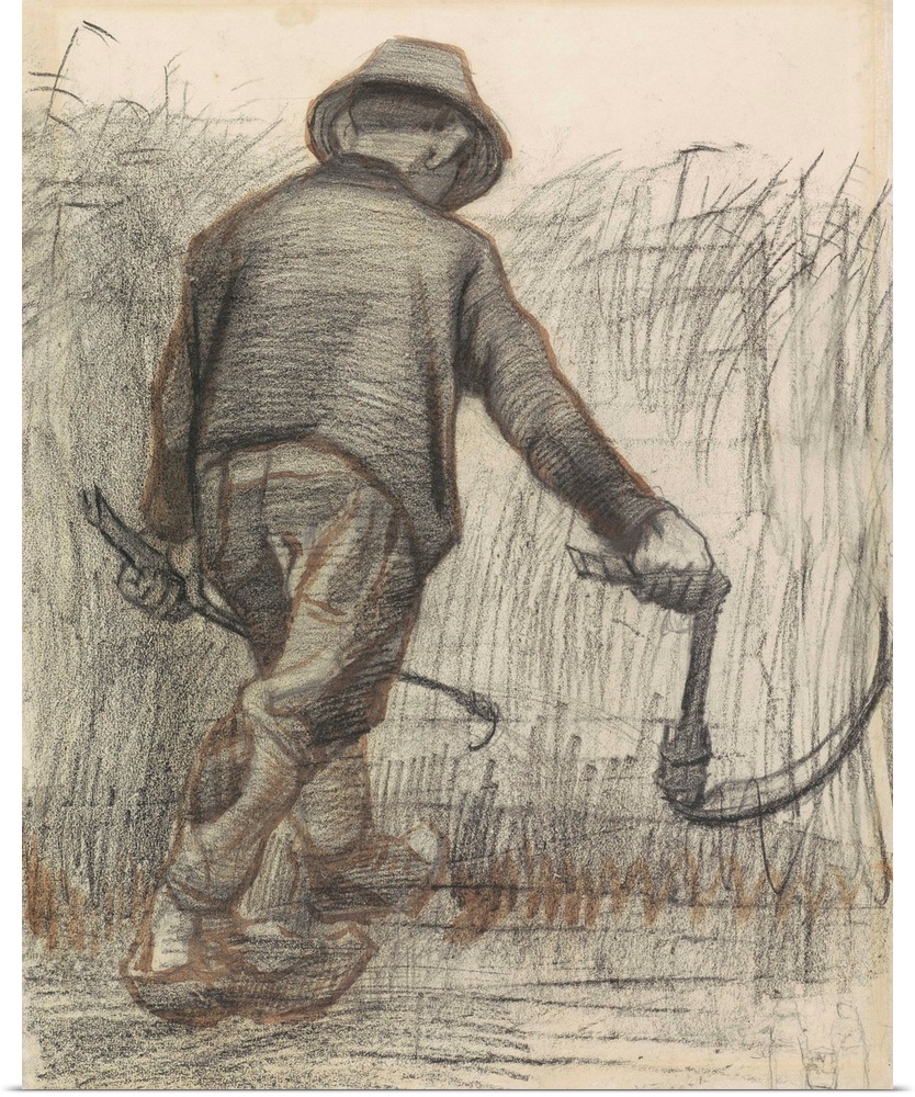 Wheat Mower with Hat, Seen from Behind, by Vincent van Gogh, c. 1870-90, Dutch drawing, chalk and pencil on paper. Harvest...
