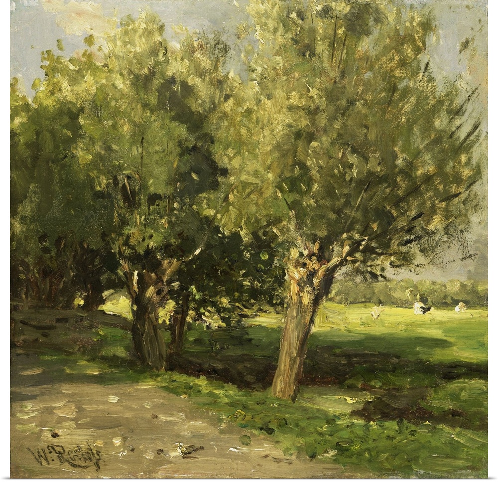 Wilgebome (Willow Trees), by Willem Roelofs 1st, 1875-85, Dutch painting, oil on panel. Willow trees growing on the edge o...