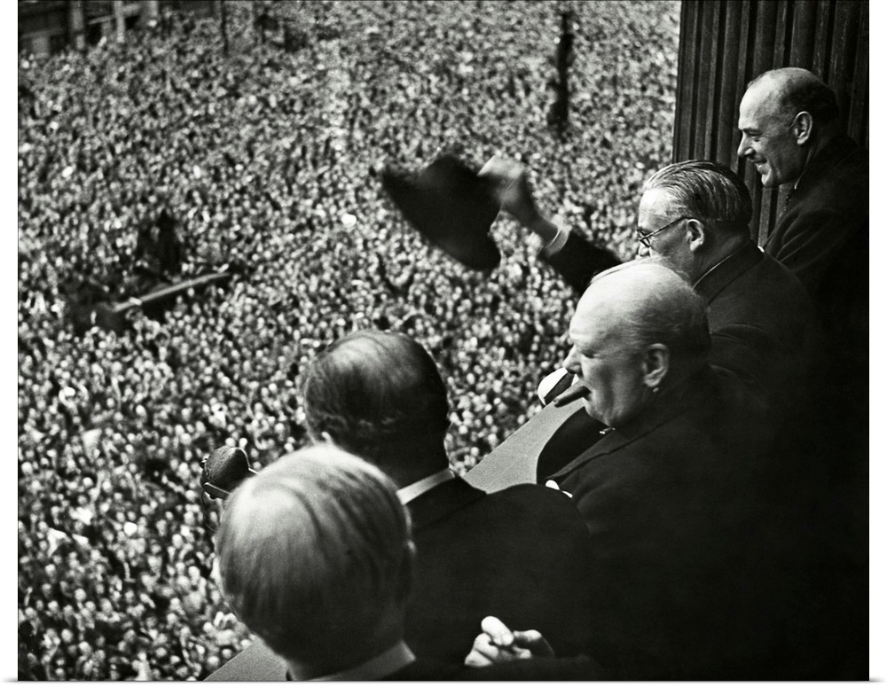 Winston Churchill addressing the crowd at Whitehall during the Victory in Europe celebration. May 8, 1948.