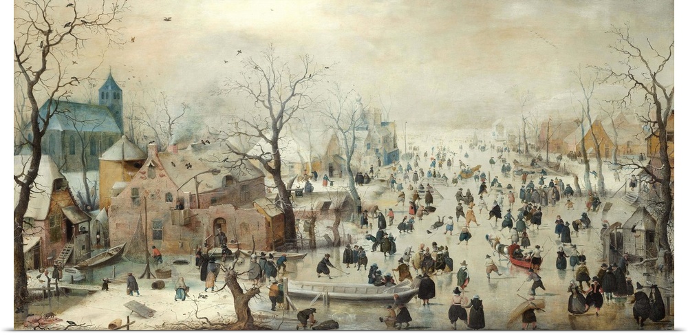 Winter Landscape with Ice Skaters, by Hendrick Avercamp, 1608, Dutch painting, oil on panel. Hundreds of people are out on...