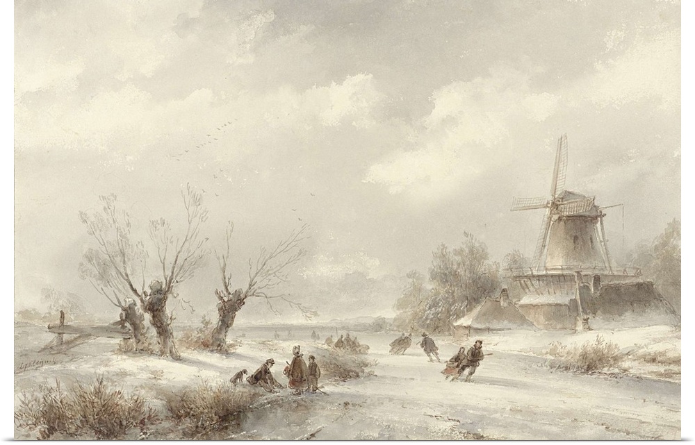Winter Landscape with Skaters by a Windmill, by Lodewijk Johannes Kleijn, c. 1850-90. Dutch watercolor painting. Couples a...