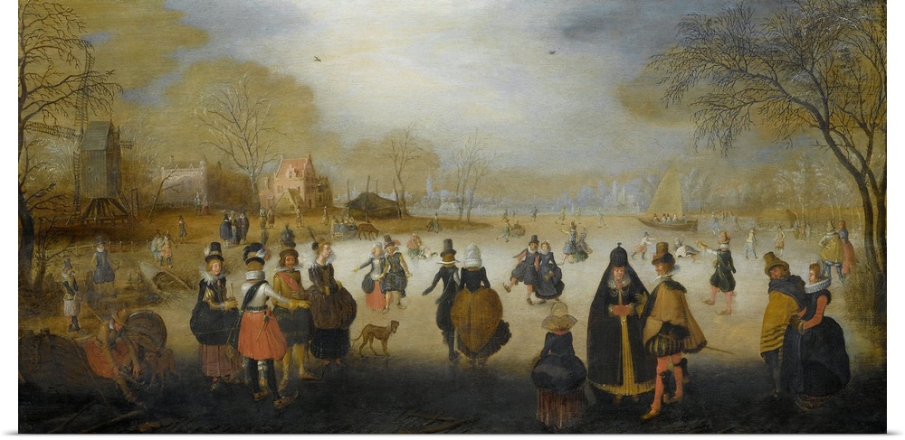 Winter Landscape with Skaters, by Hendrick Avercamp, 1615-20, Dutch painting, oil on panel. In the foreground are men and ...