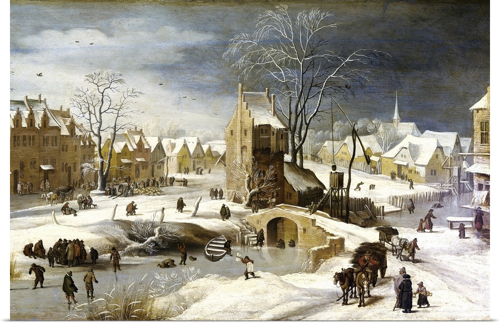Breugel, Pieter, II, The Younger, called Hell Bruegel (1564-1638). Winter Scene with Ice Skaters and Birds. Flemish art. P...