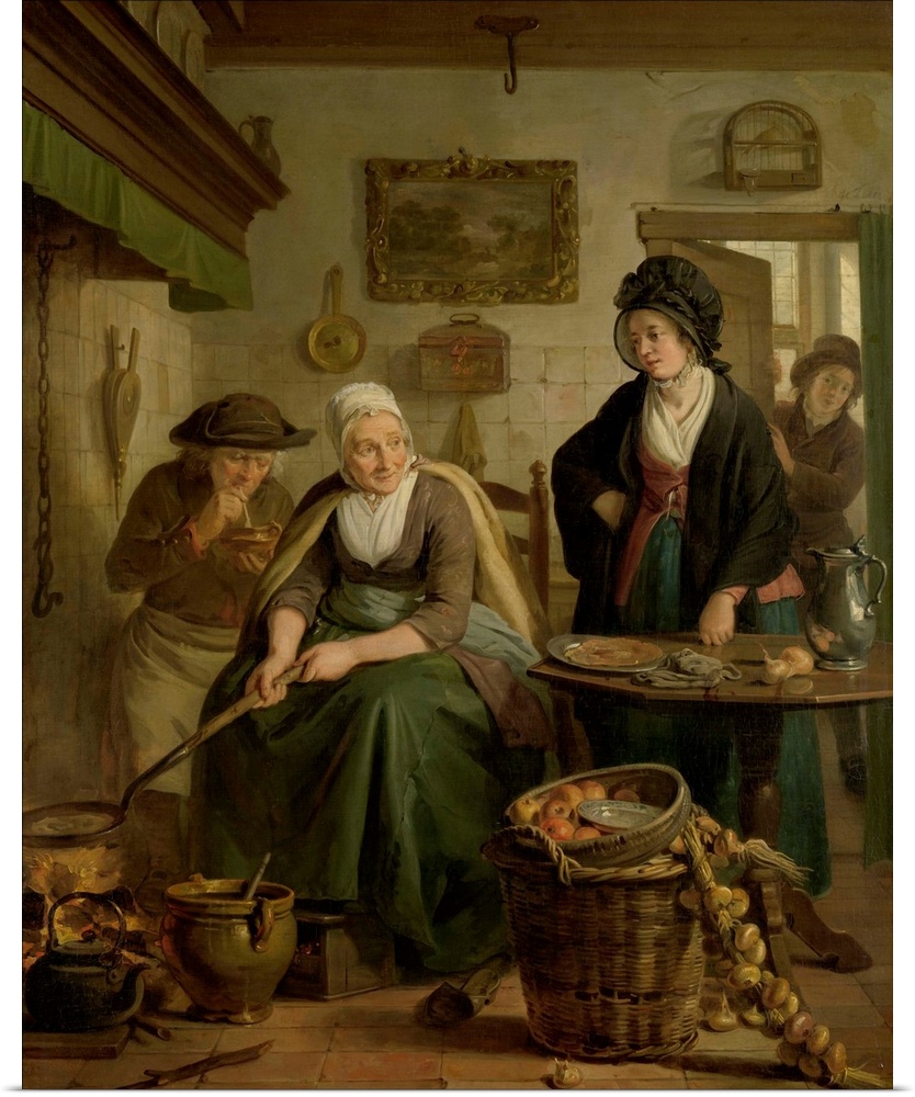 Woman Baking Pancakes, by Adriaan de Lelie, 1790-1810, Dutch painting, oil on panel. Cooking scene at hearth as a women ho...