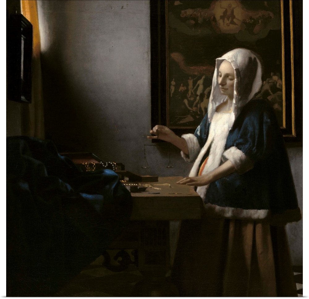 Woman Holding a Balance, by Johannes Vermeer, c. 1664, Dutch painting, oil on canvas. A painting of the Last Judgment hang...