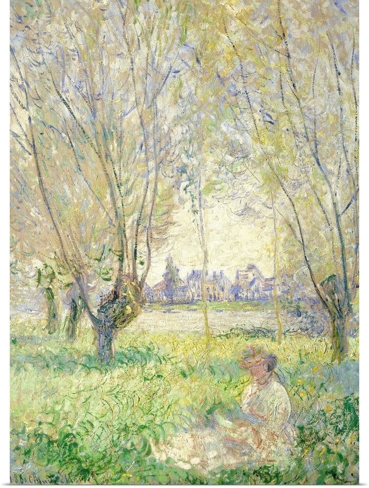 Woman Seated under the Willows, by Claude Monet, 1880, French impressionist painting, oil on canvas. The figure emerges fr...