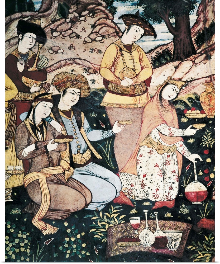 Banquet of Abbas I. 17th c. IRAN. Esfahan. Chehel Sotoun - The Palace of forty columns. Detail. Persian art. Fresco. -