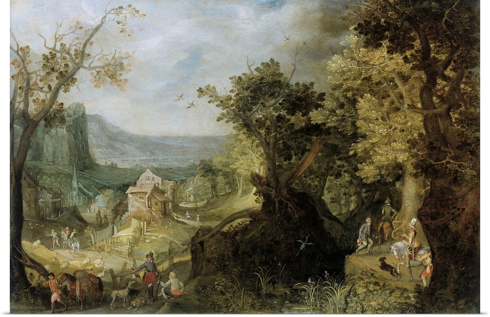 Wooded Landscape, by Anton Mirou, 1608, Flemish painting, oil on canvas. Mountainous landscape with riders and walkers on ...