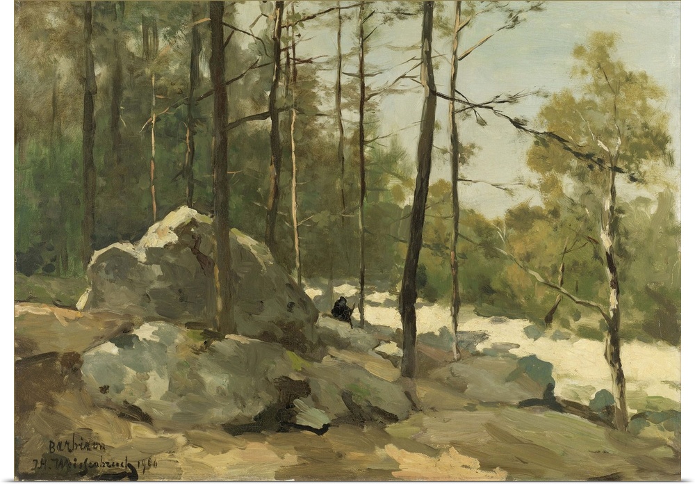 Wooded View near Barbizon, by Johan Hendrik Weissenbruch, 1900, Dutch painting, oil on canvas. A painter on a boulder sket...