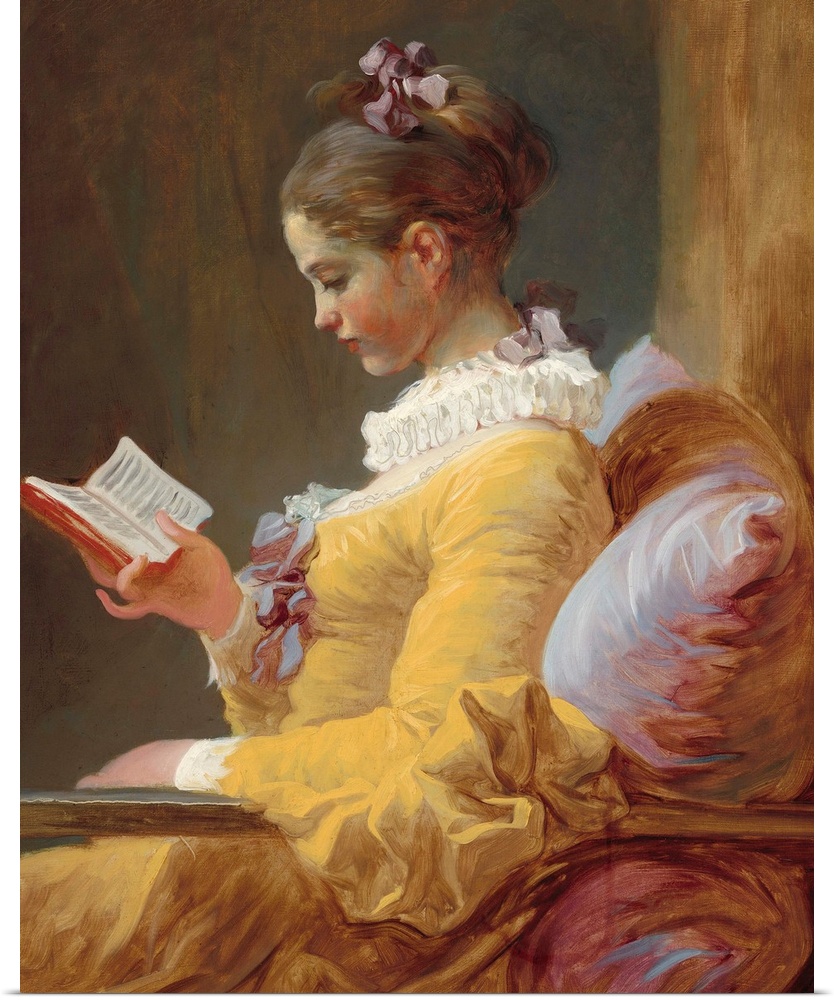 Young Girl Reading, by Jean-Honore Fragonard, c. 1770, French painting, oil on canvas. The girl's dress and cushion are pa...