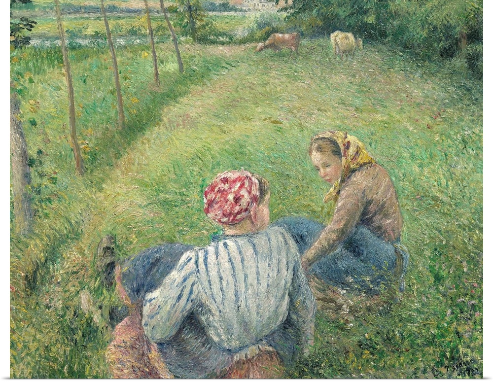 Young Peasant Girls Resting in the Fields near Pontoise, by Camille Pissarro, 1882, French impressionist painting, oil on ...