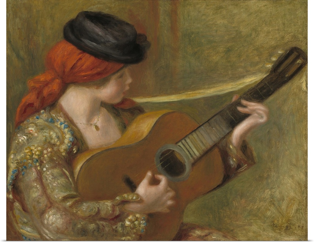 Young Spanish Woman with a Guitar, by Auguste Renoir, 1898, French impressionist painting, oil on canvas. This painting sh...