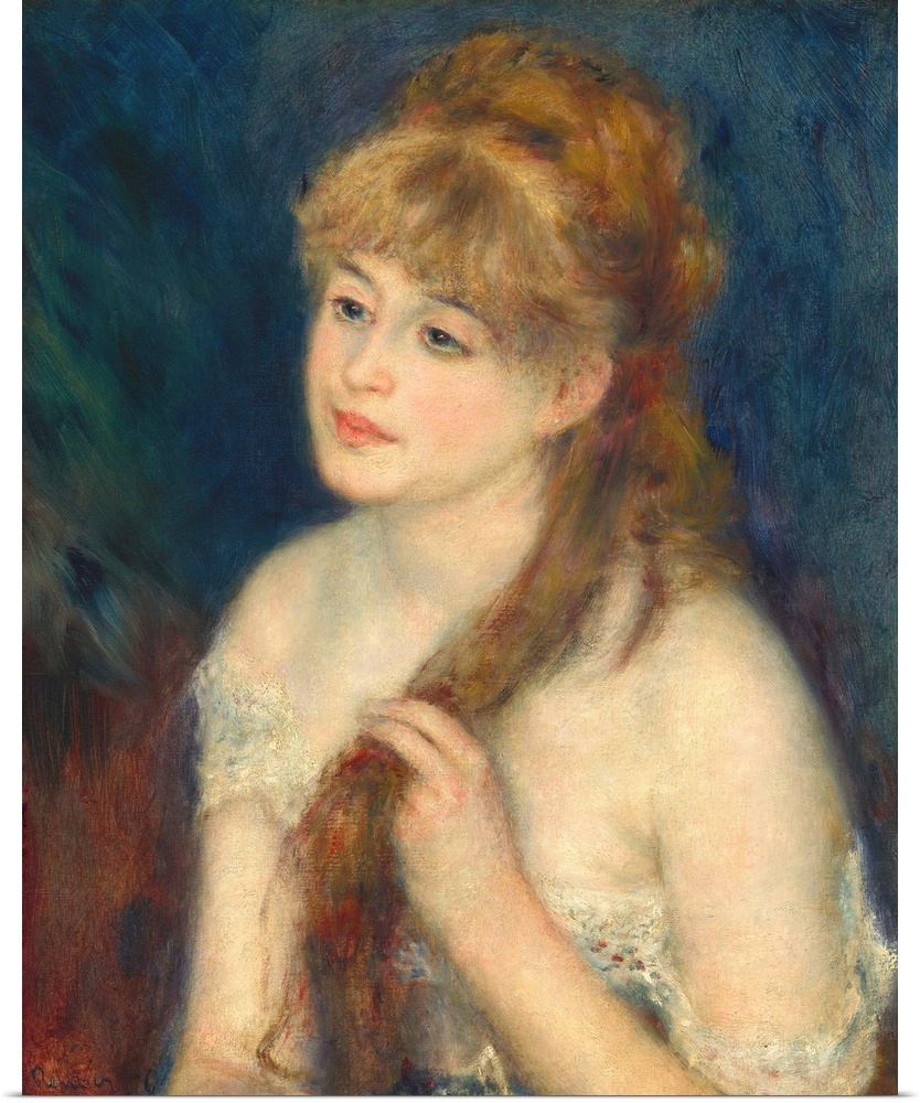 Young Woman Braiding Her Hair, by Auguste Renoir, 1876, French painting, oil on canvas. This is a classic Renoir portrait ...