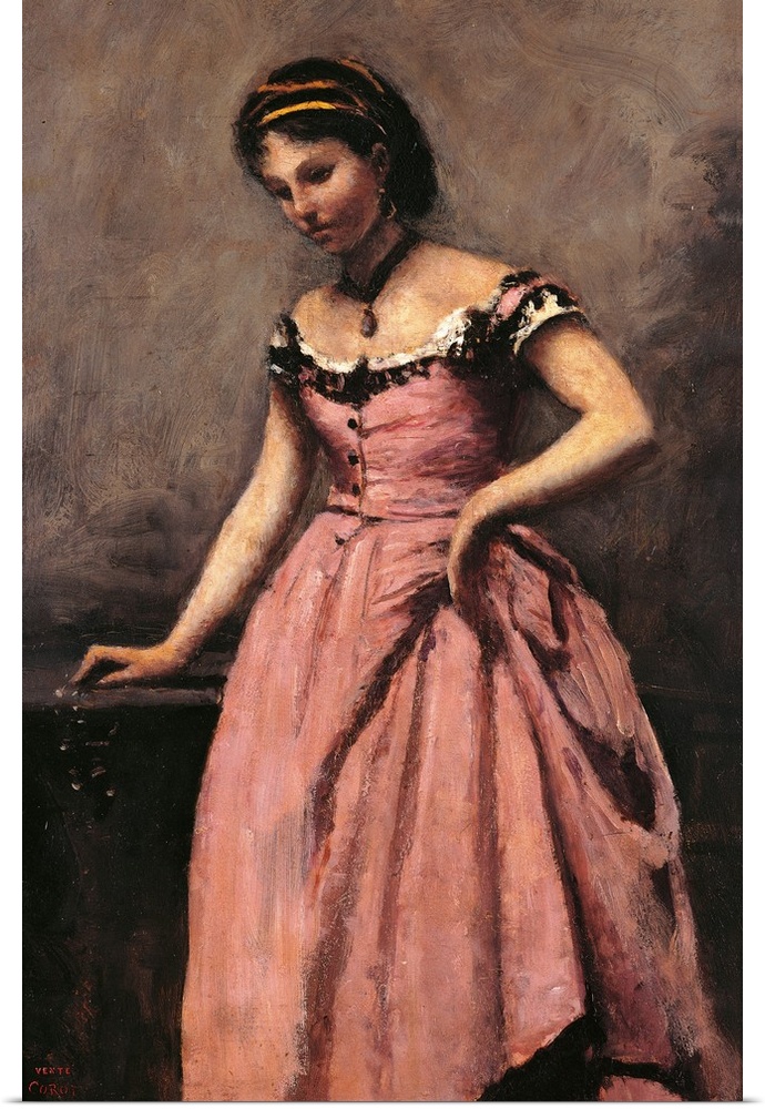 Young Woman in a Pink Dress, by Jean-Baptiste-Camille Corot, 19th Century, oil on canvas, cm 46 x 32 - France, Ile de Fran...