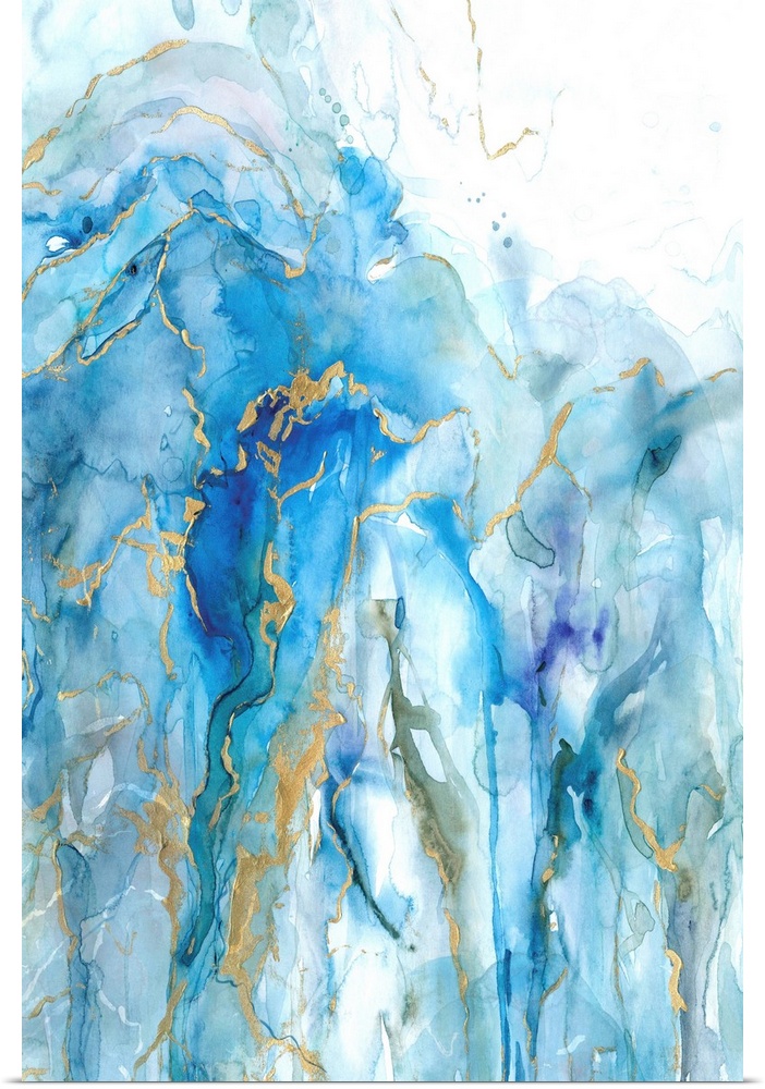 Large abstract painting with dripping watercolors in shades of blue and green with metallic gold on top.