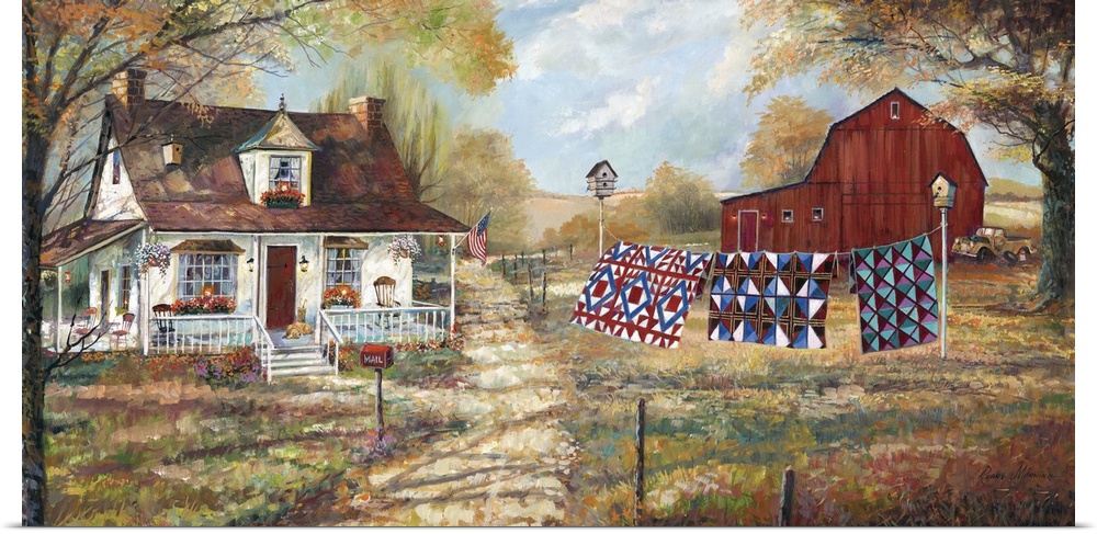 Large contemporary painting of a farm house and a red barn with three quilts hanging on the line.