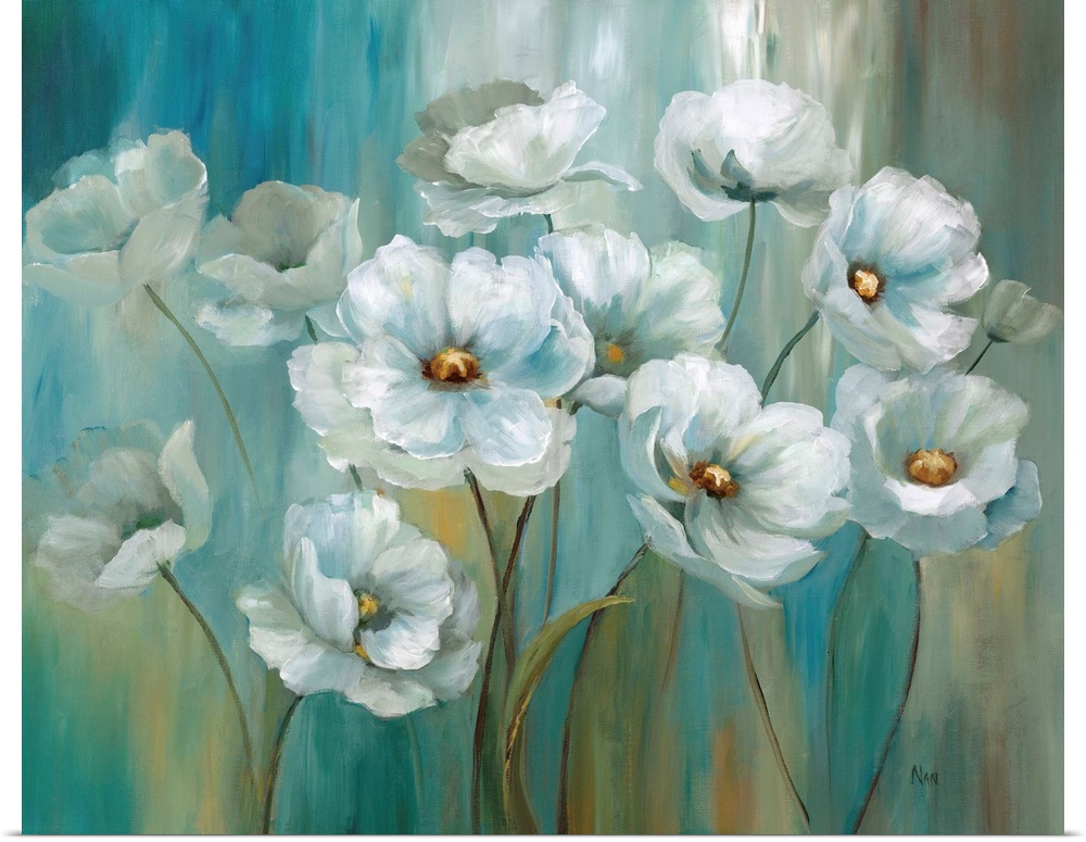 Contemporary painting of white flowers on a vertically painted blue, green, white, and gold background.