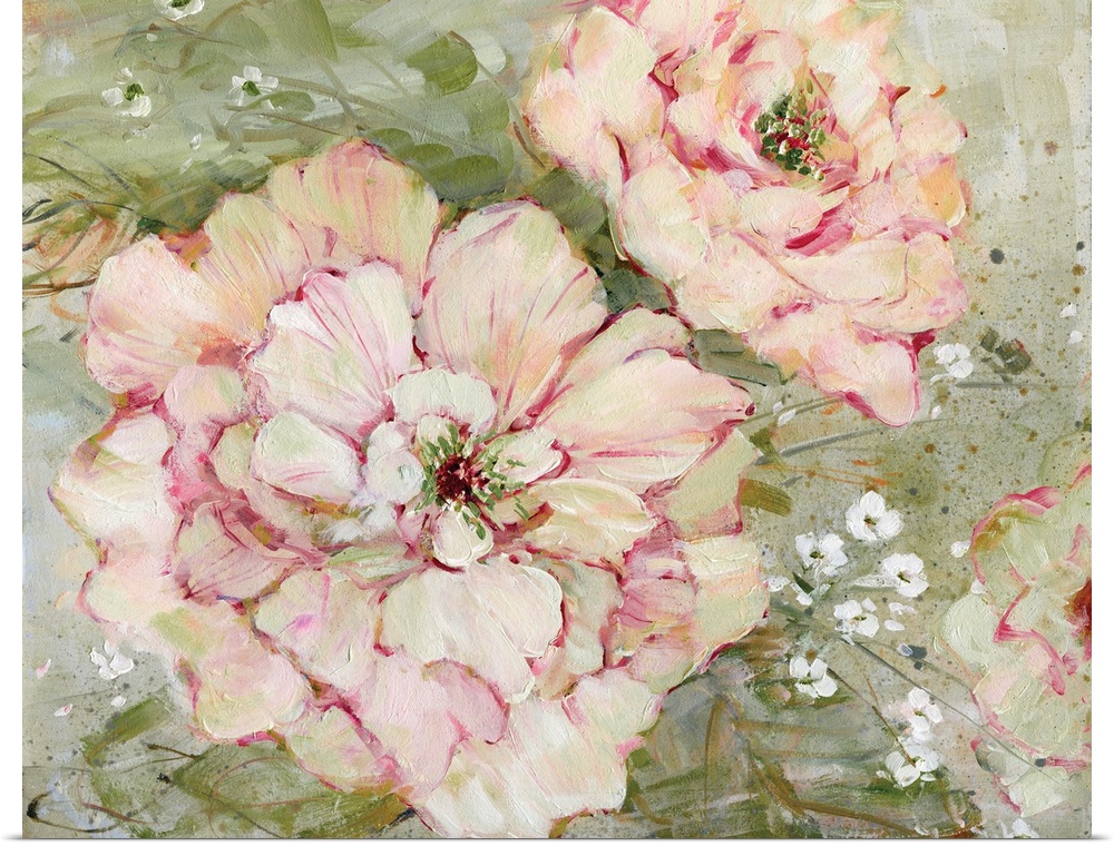 Contemporary artwork of blush pink flowers on a mossy green background with a vintage feel.