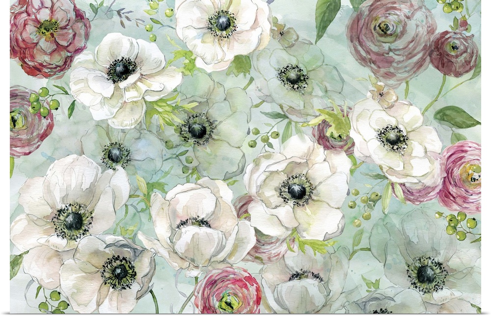 A floral watercolor painting with a light blue-green background.