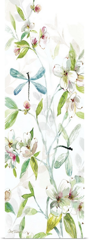 A watercolor painting of two dragonflies flying among branches covered in flowers and leaves.