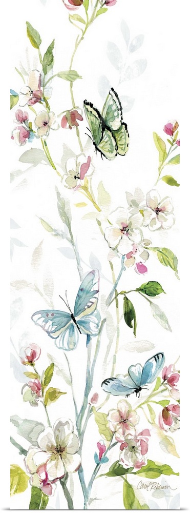 A watercolor painting of three butterflies flying among branches covered in flowers and leaves.