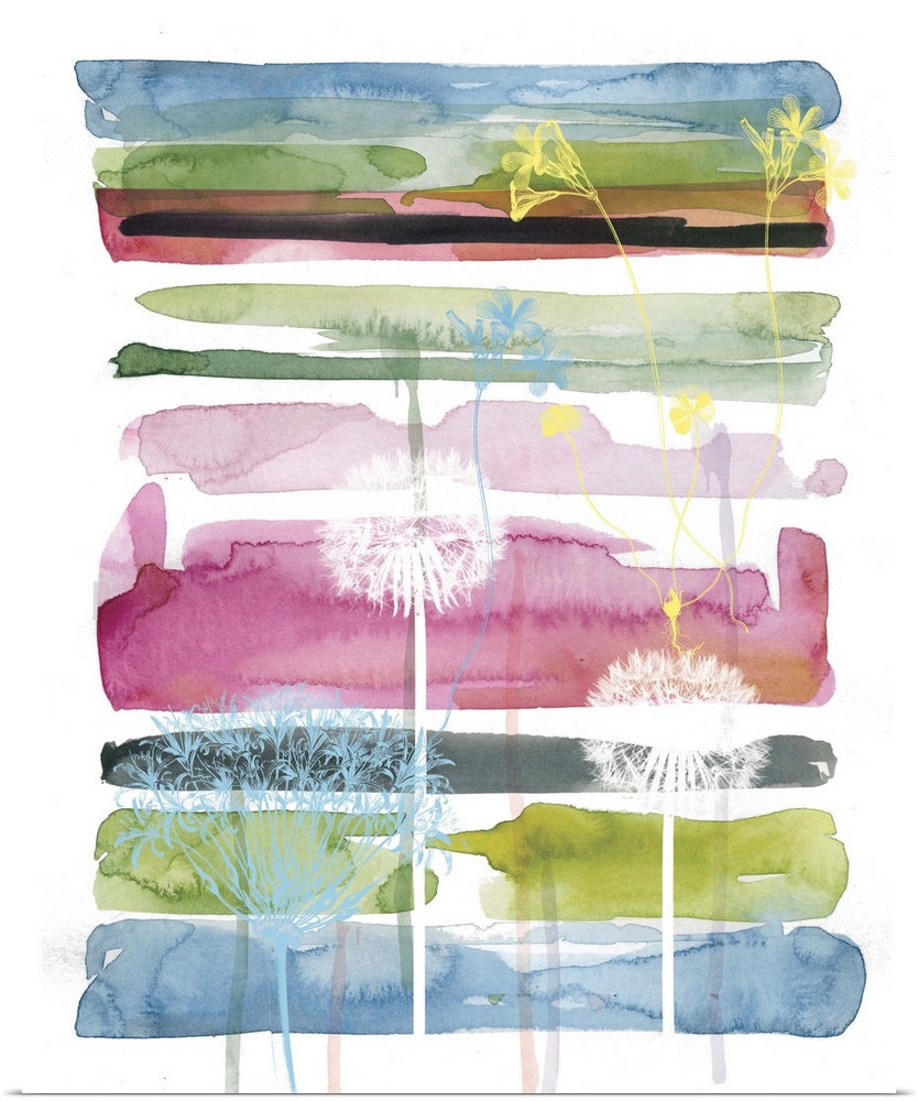 A watercolor painting of different colored horizontal brush strokes with painted silhouettes of flowers on top.