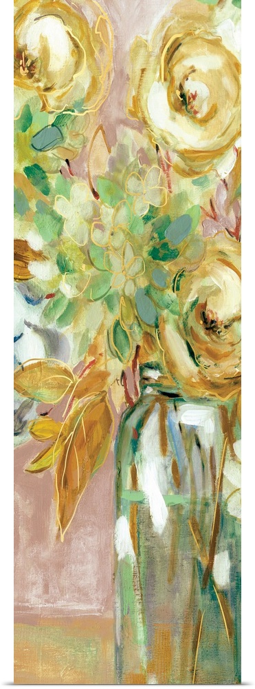Large panel painting of colorful flowers in a vase with metallic gold outlines.