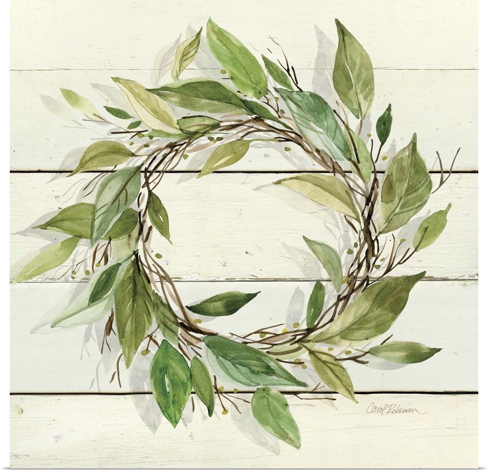 A watercolor painting of a wreath with green leaves on a wood background.