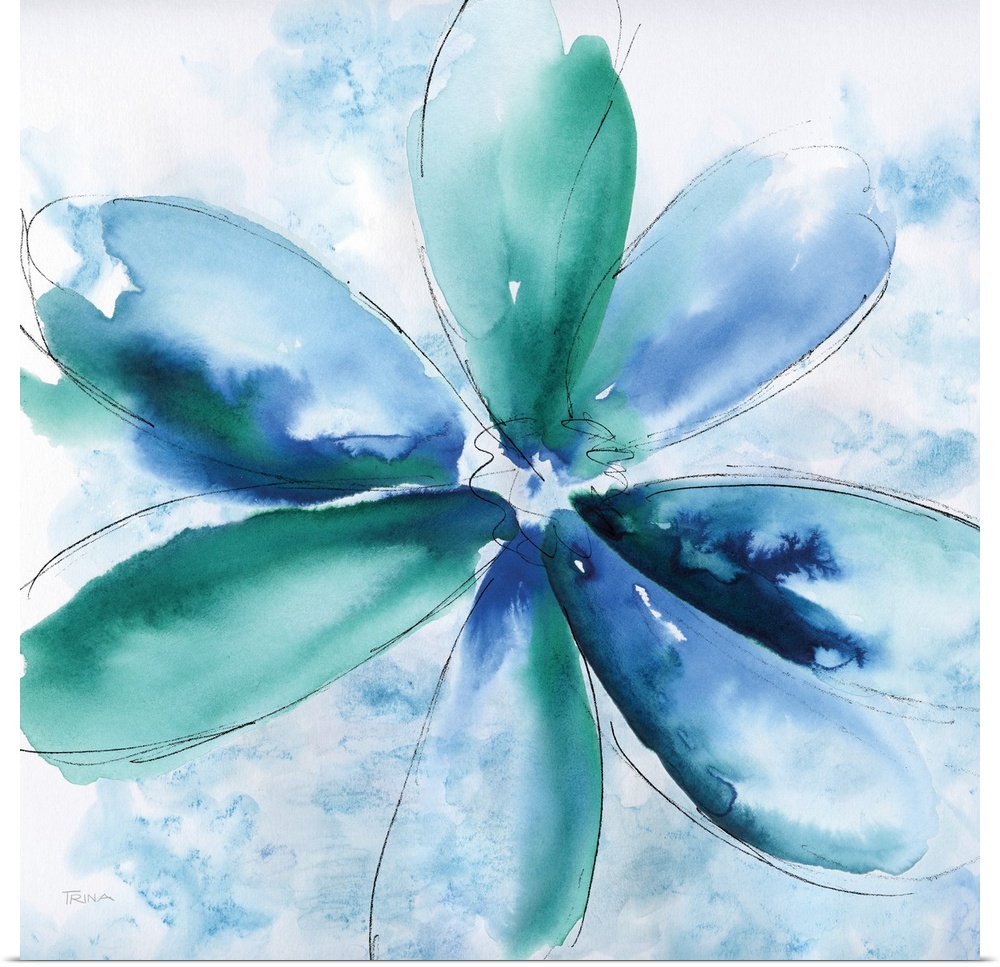 Abstract painting of a flower in blue and green tones with a thin black tracing on a square background.