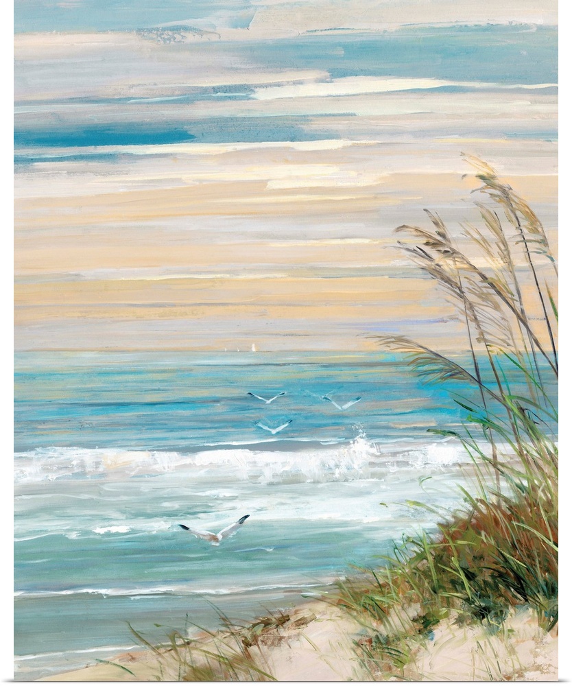 Contemporary painting of a beach scene with crashing ocean waves, beach grass blowing in the wind, flying seabirds, and an...